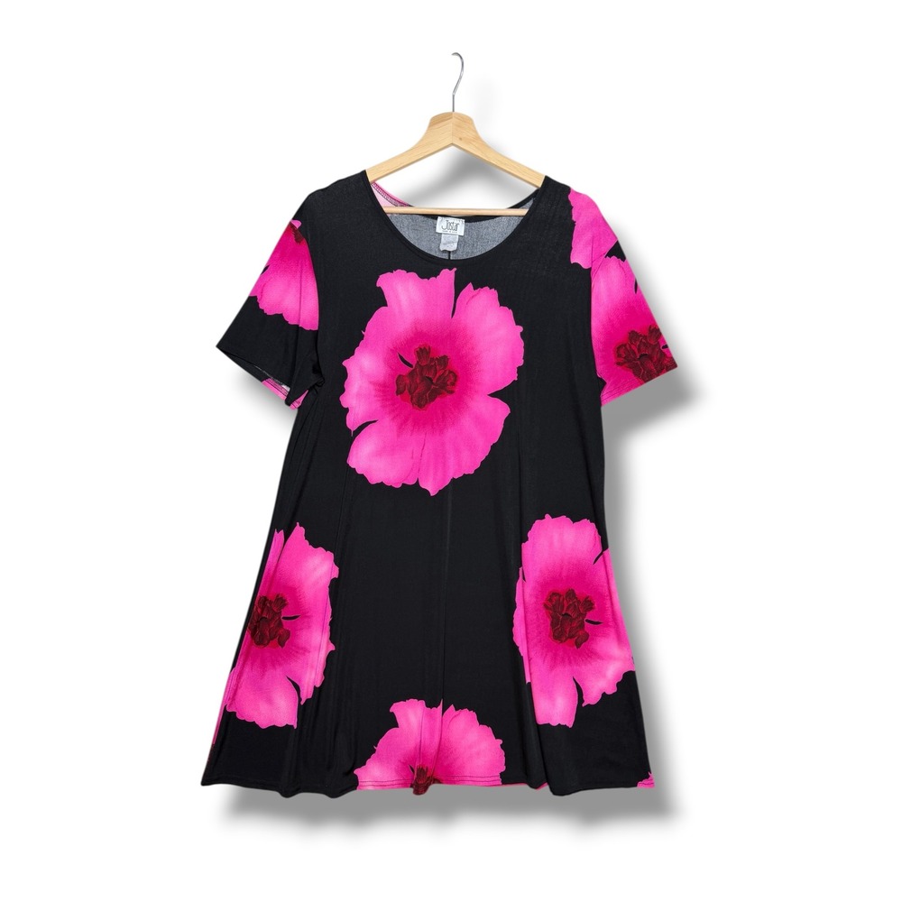 Vintage Jostar Women's XL Black Pink Floral Poppy Slinky Knit Tunic Dress Travel